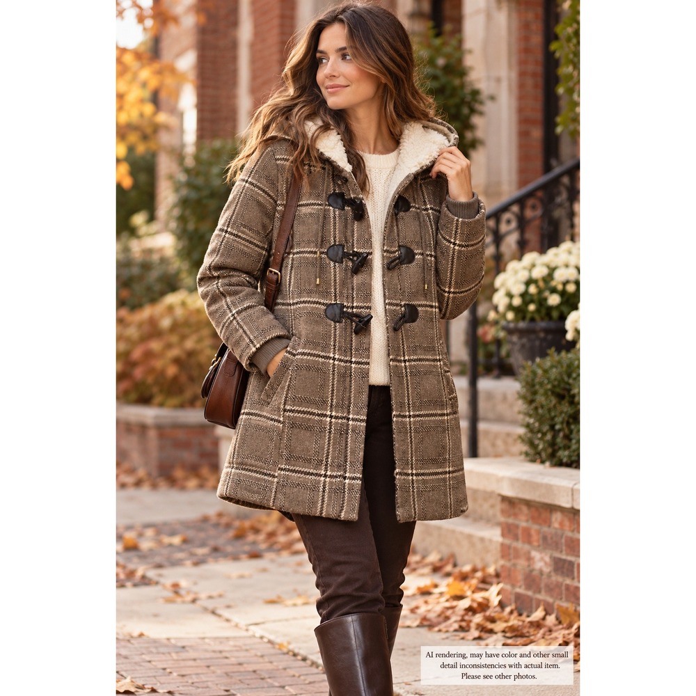 US Polo Assn Medium Plaid Duffle Coat Brown Wool Blend Sherpa Hood Toggle Jacket